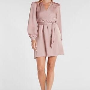 Express Satin Surplice Neck Long Sleeve Belted Wrap Dress in Color Pink Size S